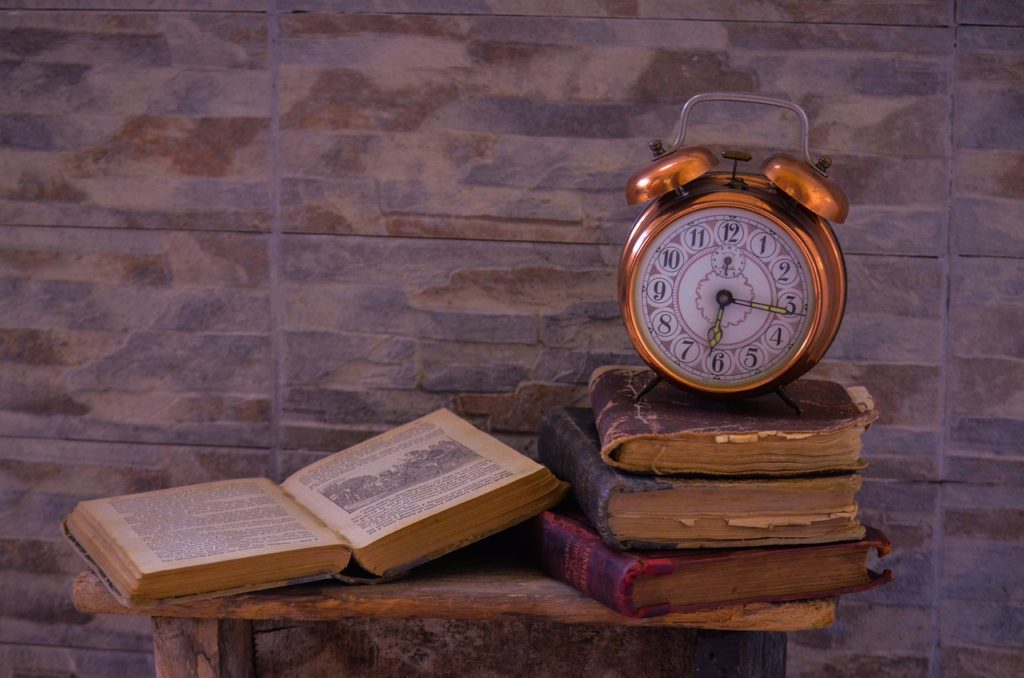 vintage, clock, books